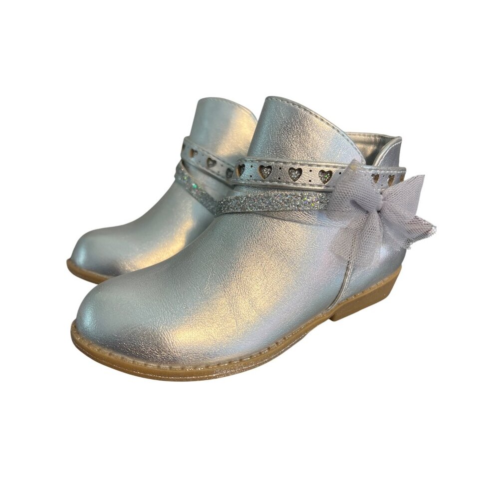 Jellypop Kids Lil Love Bug Silver Ankle Boots Booties Hearts Bow Zip Side Sz 8